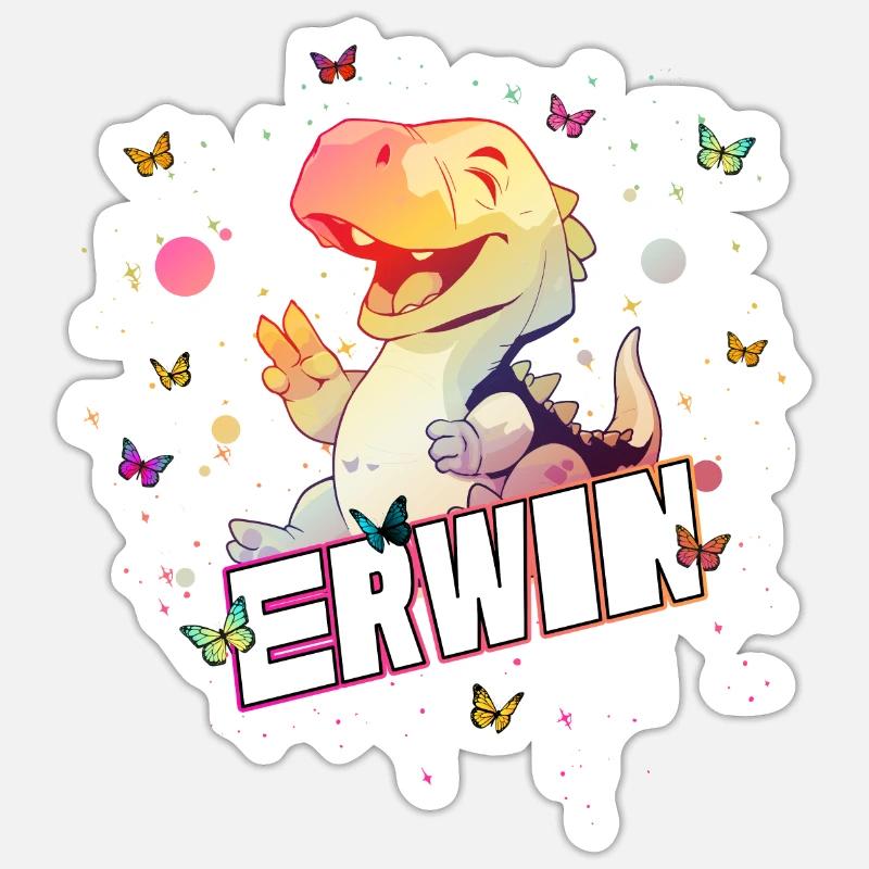 ERWIN - Schöner Junge Name mit süßem DINO T-REX Sticker Größe S (10 x 10 cm)