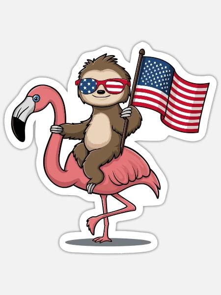 Patriotisches Faultier Reitet Flamingo USA Flagge - Sticker Größe S (10 x 10 cm) - Mattweiß
