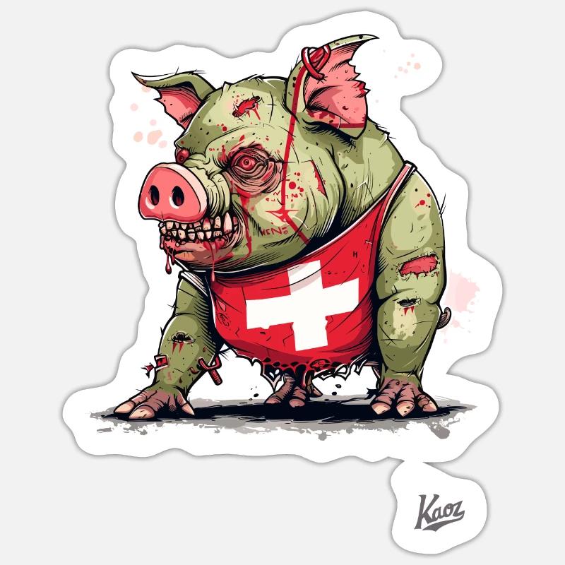 Drapeau suisse : Cochon zombie - Sticker taille S (10 x 10 cm) - blanc mat