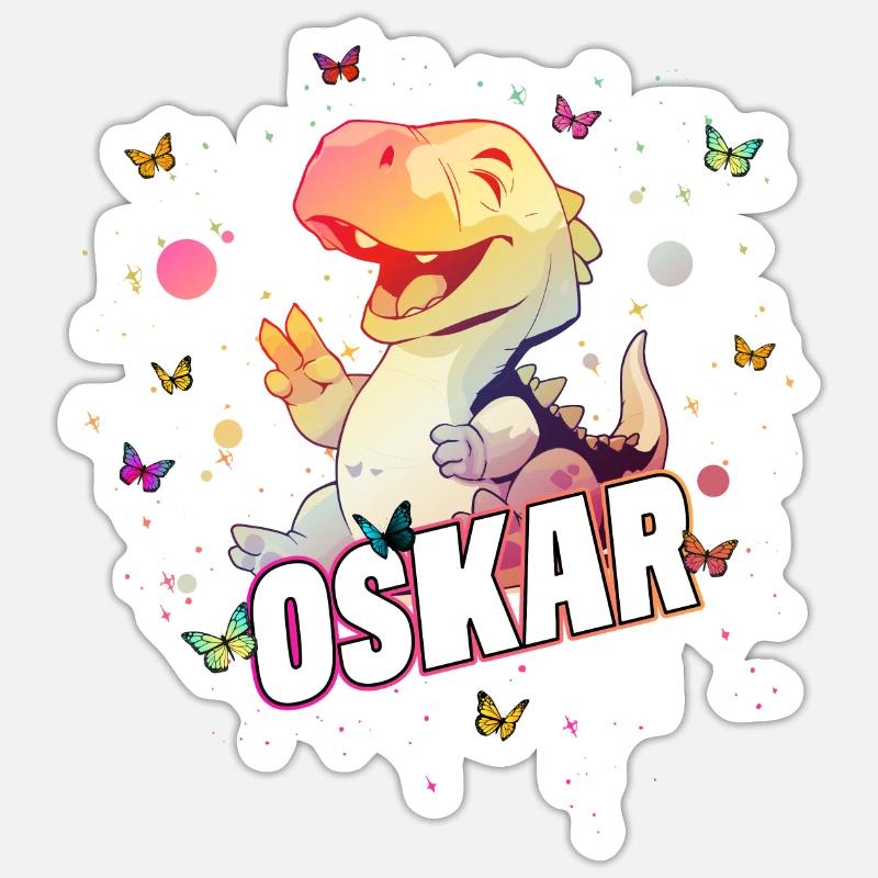 OSKAR - Schöner Junge Name mit süßem DINO T-REX - Sticker Größe S (10 x 10 cm) - Mattweiß