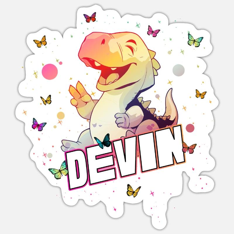 DEVIN - Schöner Junge Name mit süßem DINO T-REX Sticker Größe S (10 x 10 cm)