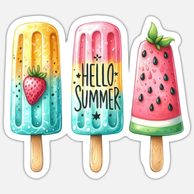 Hello Summer. Fröhliches Eis am Stiel Design, Eis, - Sticker Größe S (10 x 10 cm) - Mattweiß