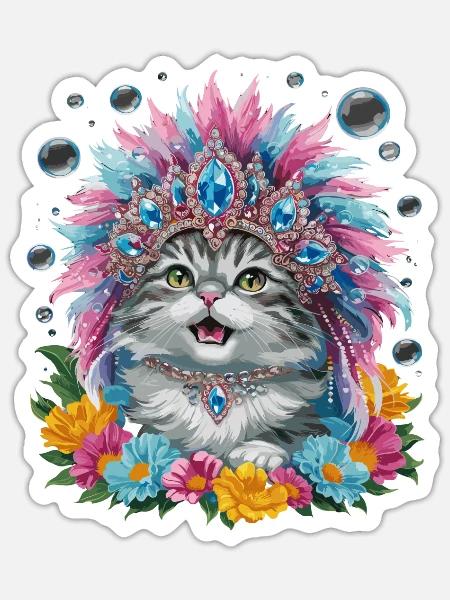Niedliches Kätzchen mit buntem Federkopfschmuck - Sticker Größe S (10 x 10 cm) - Mattweiß