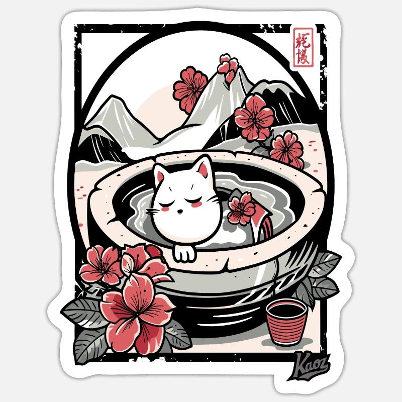 Fleurs japonaises et bain de chat - Sticker taille S (10 x 10 cm) - blanc mat