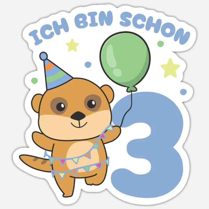 Ich bin schon 3 Erdmännchen Geburtstags Kinder - Sticker Größe S (10 x 10 cm) - Mattweiß
