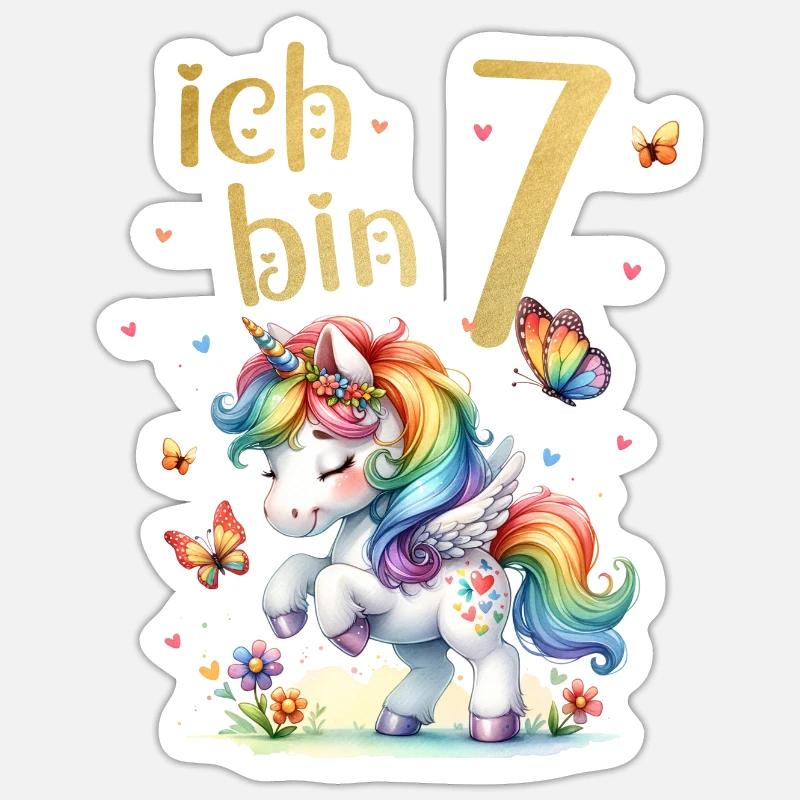 Geburtstag 7 Einhorn Siebter Geburtstag Mädchen 7 Sticker Größe S (10 x 10 cm)