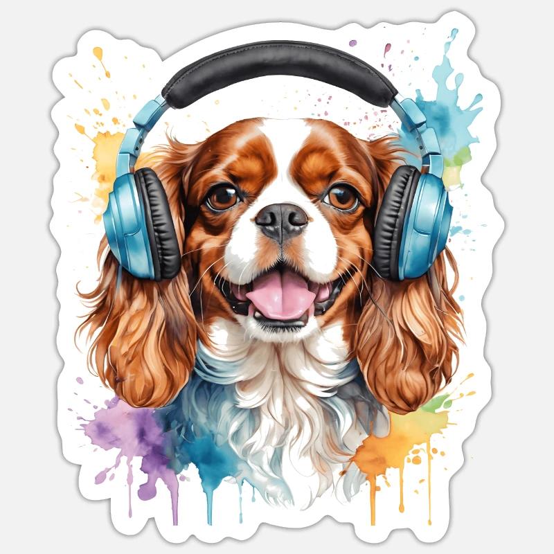 Cavalier King Charles Spaniel Kopfhörer Hund Print - Sticker Größe S (10 x 10 cm) - Mattweiß