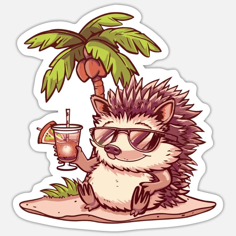 Hérisson Été Plage Bande Dessinée - Sticker taille S (10 x 10 cm) - blanc mat