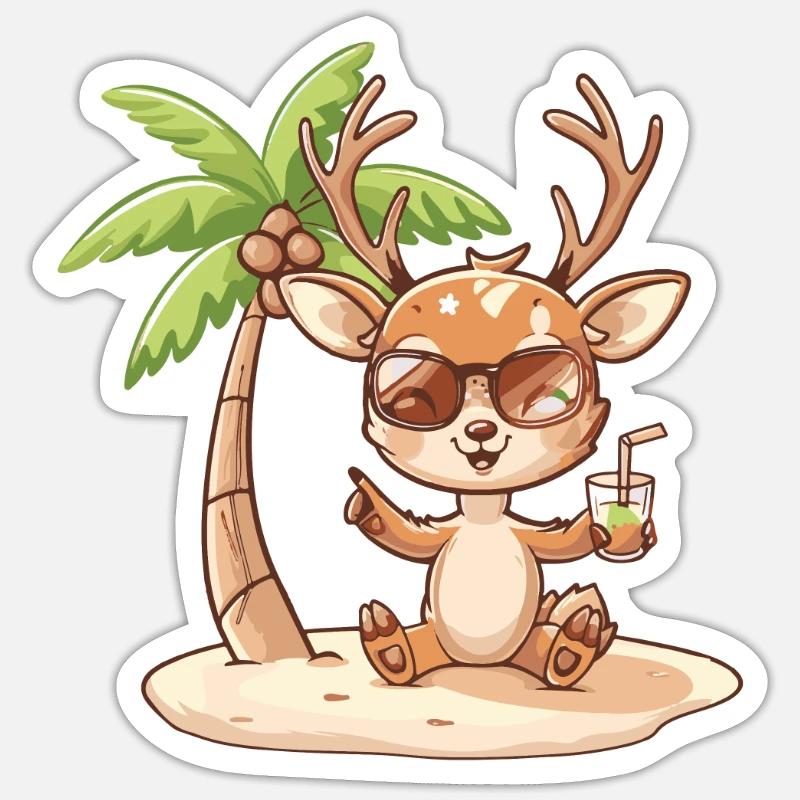 Hirsch Sommer Strand Comic - Sticker Größe S (10 x 10 cm) - Mattweiß