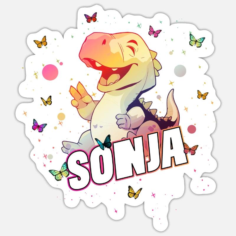 SONJA - Schöner MÄDCHEN Name mit süßem DINO T-REX - Sticker Größe S (10 x 10 cm) - Mattweiß