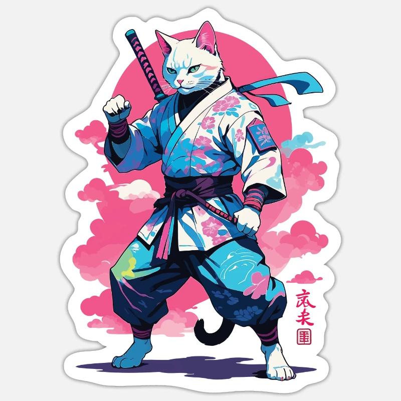 Conception esthétique Samurai Cat Vaporwave Sticker taille S (10 x 10 cm)