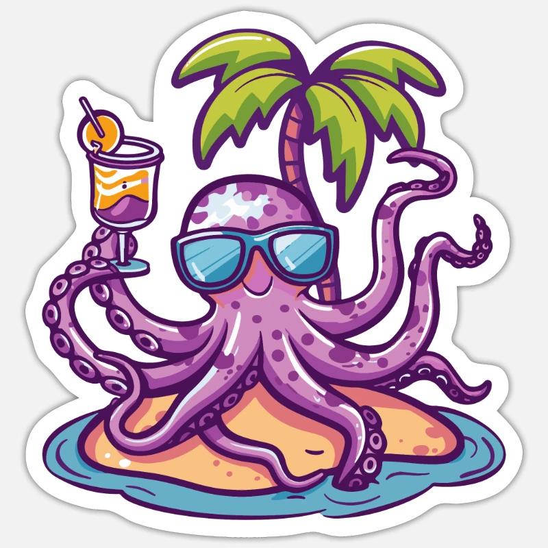 Octopus Plage d’été Bande dessinée - Sticker taille S (10 x 10 cm) - blanc mat