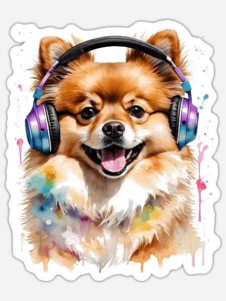 Pomeranian Zwergspitz Kopfhörer Hund Print - Sticker Größe S (10 x 10 cm) - Mattweiß