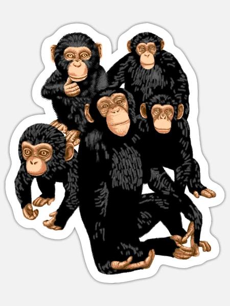 Fünf süße Affen T-Shirt - lustiges kleines Affenwortspiel - Sticker Größe S (10 x 10 cm) - Mattweiß