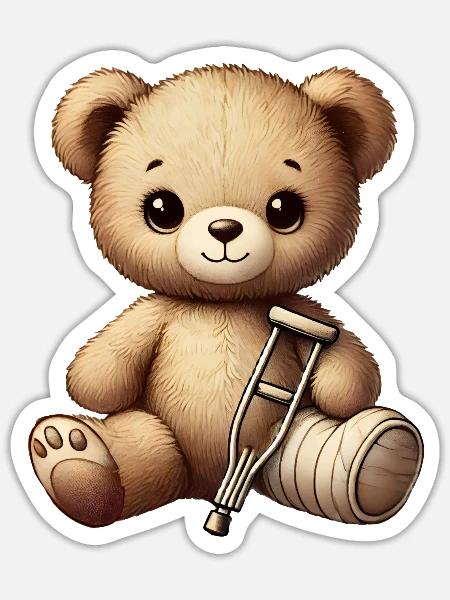 Teddy als Trostpflaster - Kuscheltier mit Gipsbein - Sticker Größe S (10 x 10 cm) - Mattweiß