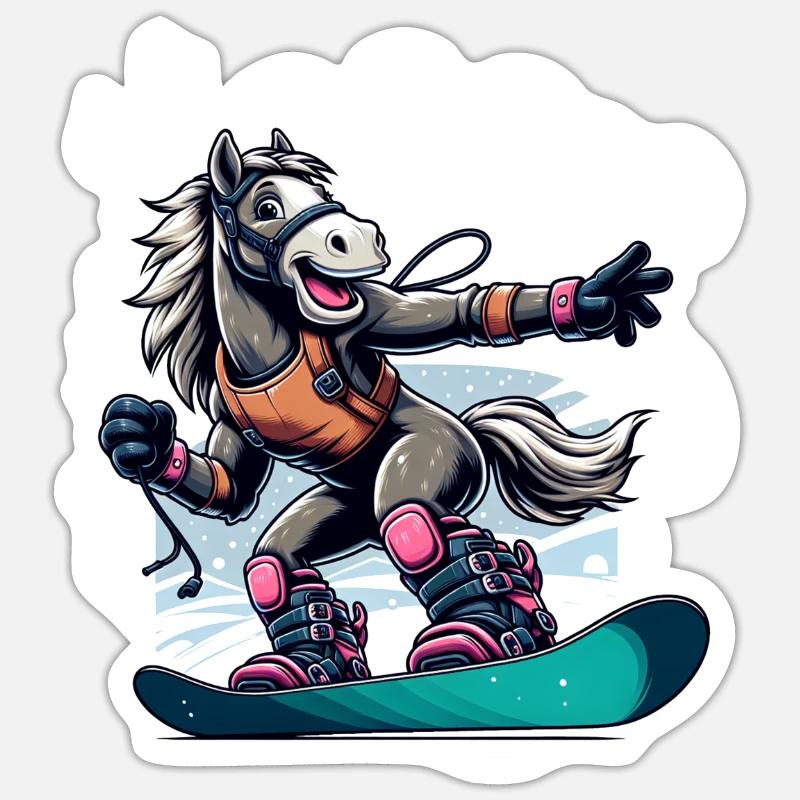 Cheval snowboarder mignon - Sticker taille S (10 x 10 cm) - blanc mat
