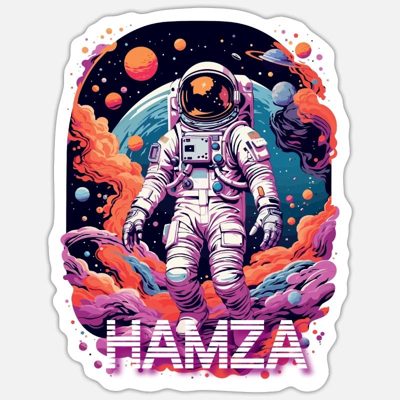 HAMZA - Beau prénom de garçon avec astronaute cool - Sticker taille S (10 x 10 cm) - blanc mat