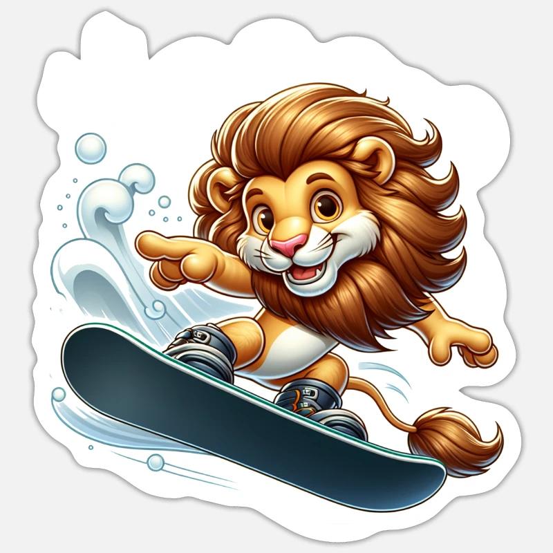 Mignon Snowboarder Lion - Sticker taille S (10 x 10 cm) - blanc mat