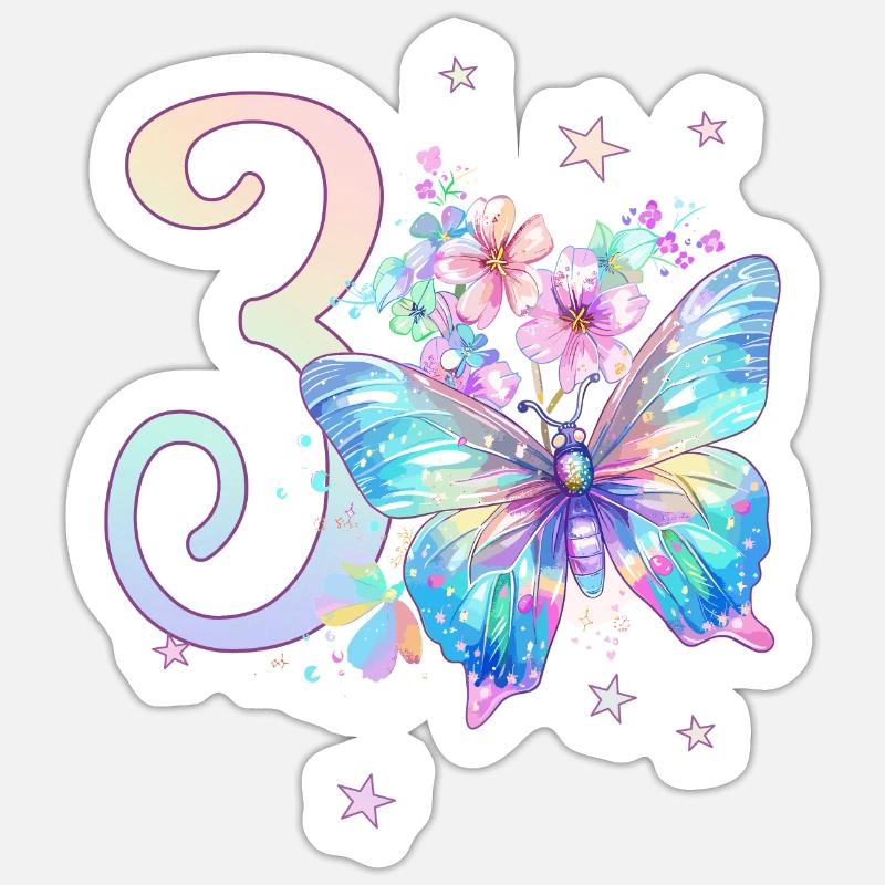 Geburtstag 3 Mädchen Schmetterling Mädchen Drei 3 - Sticker Größe S (10 x 10 cm) - Mattweiß