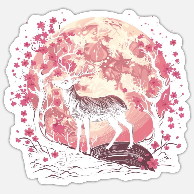 Hirsch Japan Cherry Blossom Moon - Sticker Größe S (10 x 10 cm) - Mattweiß