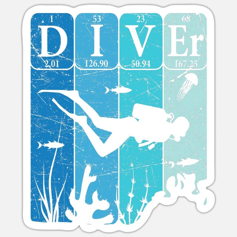 Scuba Diver Periodic Table Elements Retro - Sticker size S (10 x 10 cm) - white matte