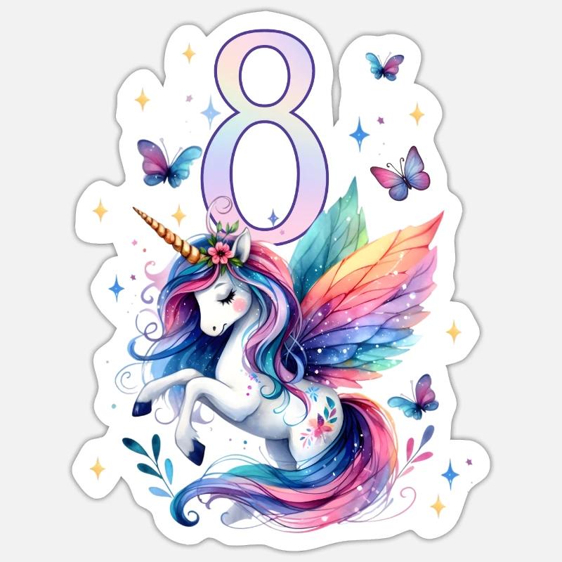 Geburtstag 8 Einhorn Achter Geburtstag Mädchen 8 J - Sticker Größe S (10 x 10 cm) - Mattweiß