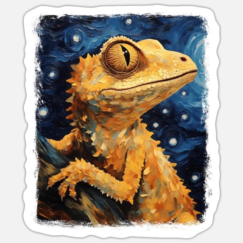 Kammgecko Eidechse Sternennacht Gemälde - Sticker Größe S (10 x 10 cm) - Mattweiß