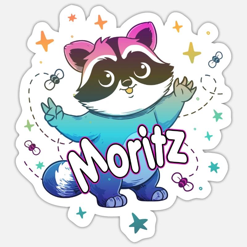 MORITZ - Schöner Jungen Name mit süßem Waschbär - Sticker Größe S (10 x 10 cm) - Mattweiß