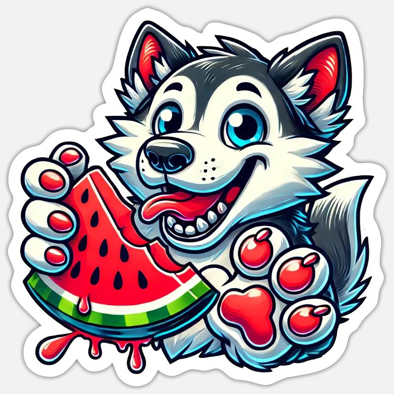 Chien husky cool en été avec la bande dessinée de pastèque - Sticker taille S (10 x 10 cm) - blanc mat