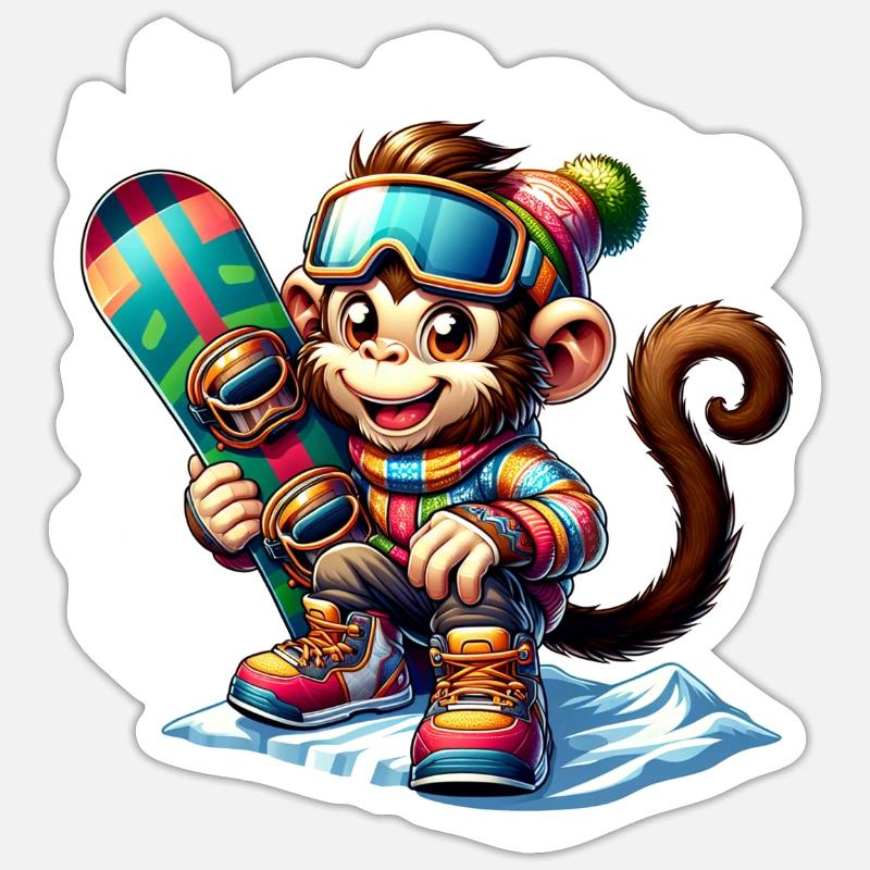 Singe snowboarder mignon - Sticker taille S (10 x 10 cm) - blanc mat