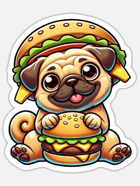 Skurriler Mops Burger Hut Hund Fast Food - Sticker Größe S (10 x 10 cm) - Mattweiß