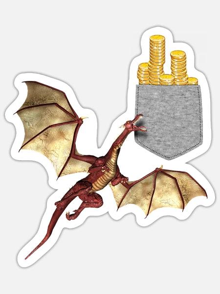 Drache erreicht Goldmünzen in Ihrer gefälschten Tasche Spaß - Sticker Größe S (10 x 10 cm) - Mattweiß