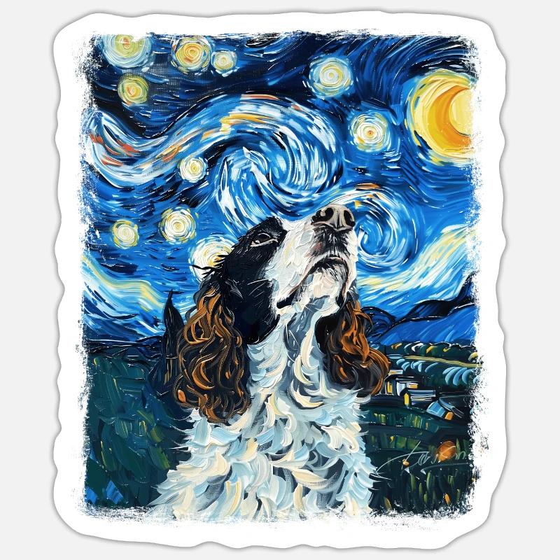 Springer Spaniel Hund Sternennacht Gemälde - Sticker Größe S (10 x 10 cm) - Mattweiß