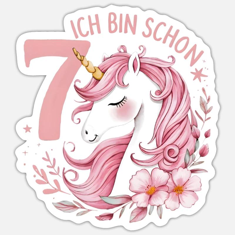7. Geburtstag Mädchen 7 Jahre Pferd Pferde Einhorn - Sticker Größe S (10 x 10 cm) - Mattweiß