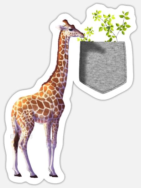 Girafe atteignant une branche avec des feuilles dans la poche - Sticker taille S (10 x 10 cm) - blanc mat