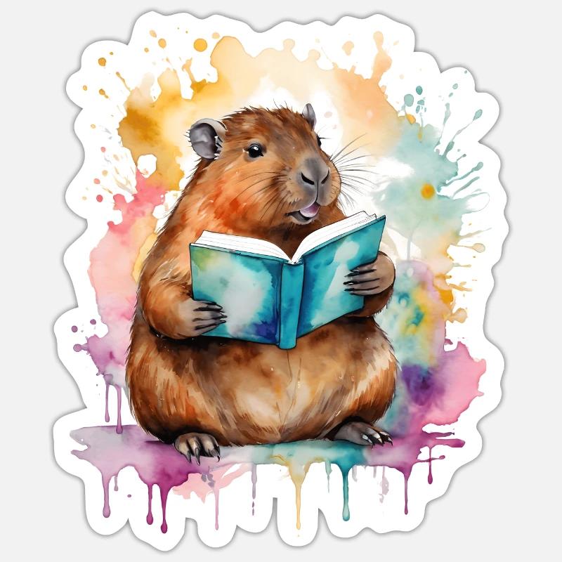 Capybara Lesen Buch Capy Bunt Tier Design Print - Sticker Größe S (10 x 10 cm) - Mattweiß