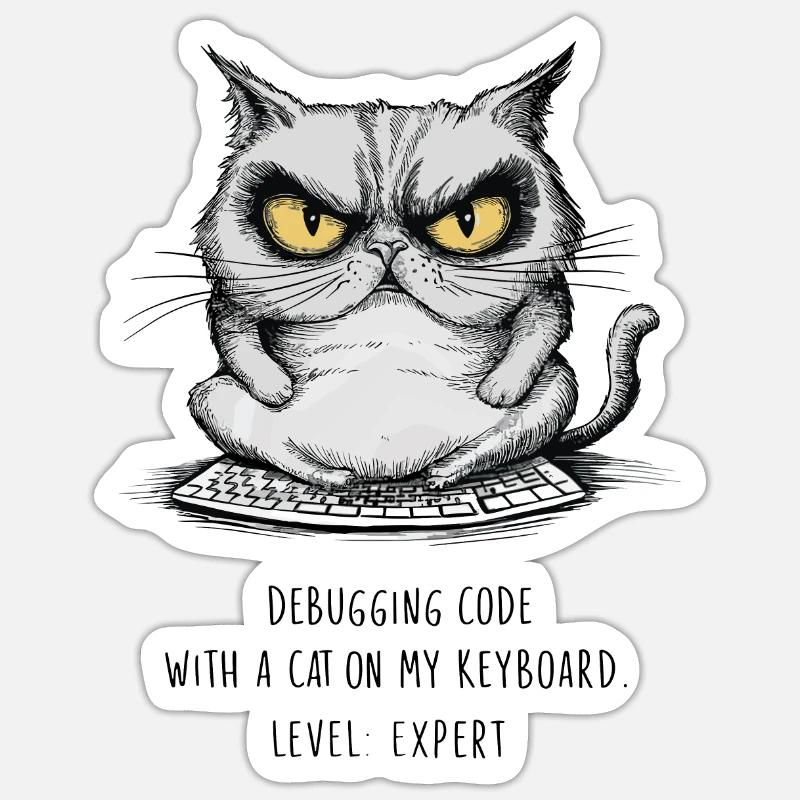 Debuggen von Code Katze Tastatur Experte Humor - Sticker Größe S (10 x 10 cm) - Mattweiß