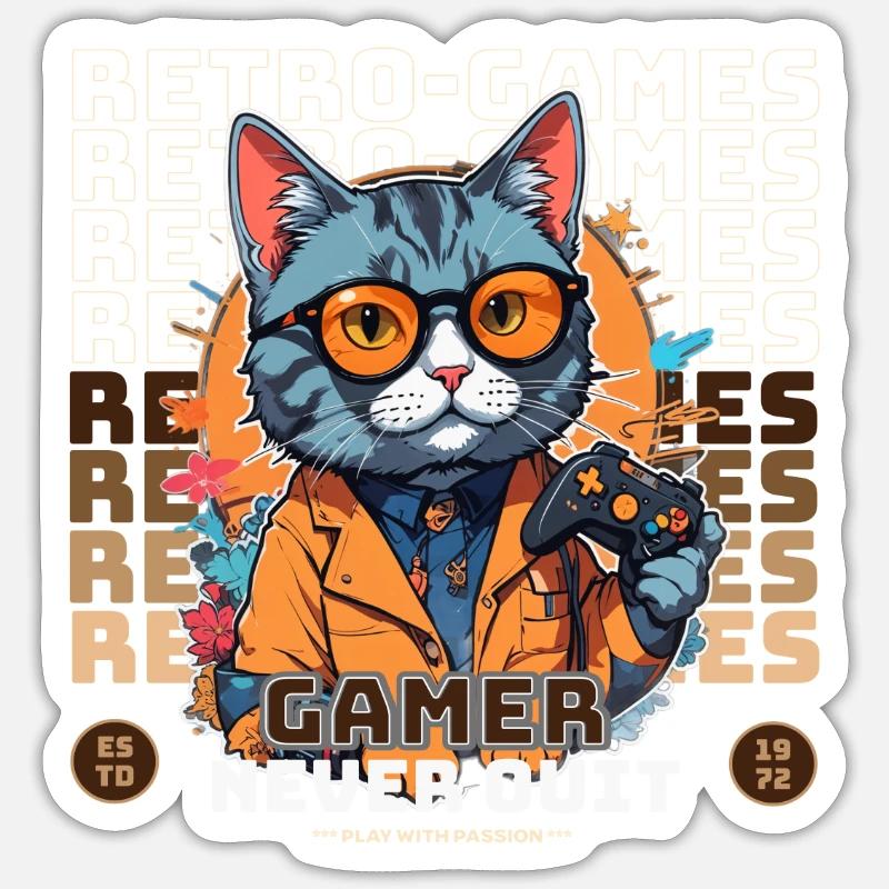 Retro Gamer Katze mit Controller Konsolenspiele Sticker Größe S (10 x 10 cm)