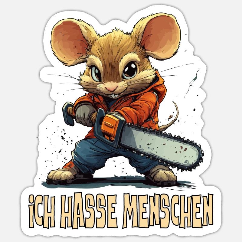 Funny mouse with chainsaw and saying, I hate Sticker size S (10 x 10 cm)