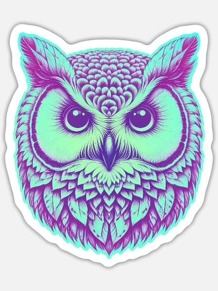 Eulenkopf (violett, türkis, neon) - Sticker Größe S (10 x 10 cm) - Mattweiß