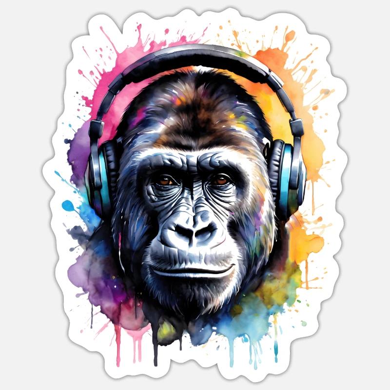 Gorilla Kopfhörer Affe Bunt Tier Design Print Sticker Größe S (10 x 10 cm)
