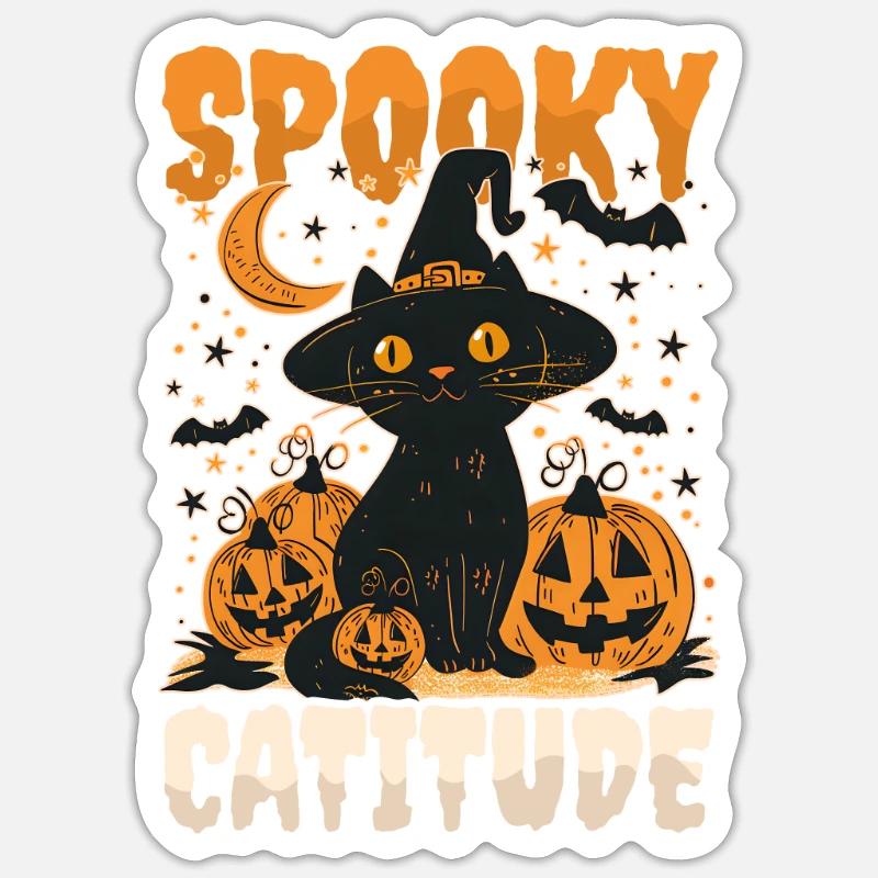 Halloween Chat Spooky Catitude - Sticker taille S (10 x 10 cm) - blanc mat