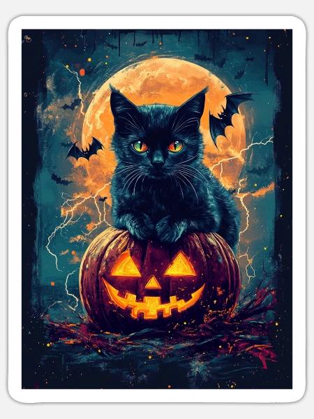Halloween Geschenk Frauen Katze Männer Kinder Deko - Sticker Größe S (10 x 10 cm) - Mattweiß