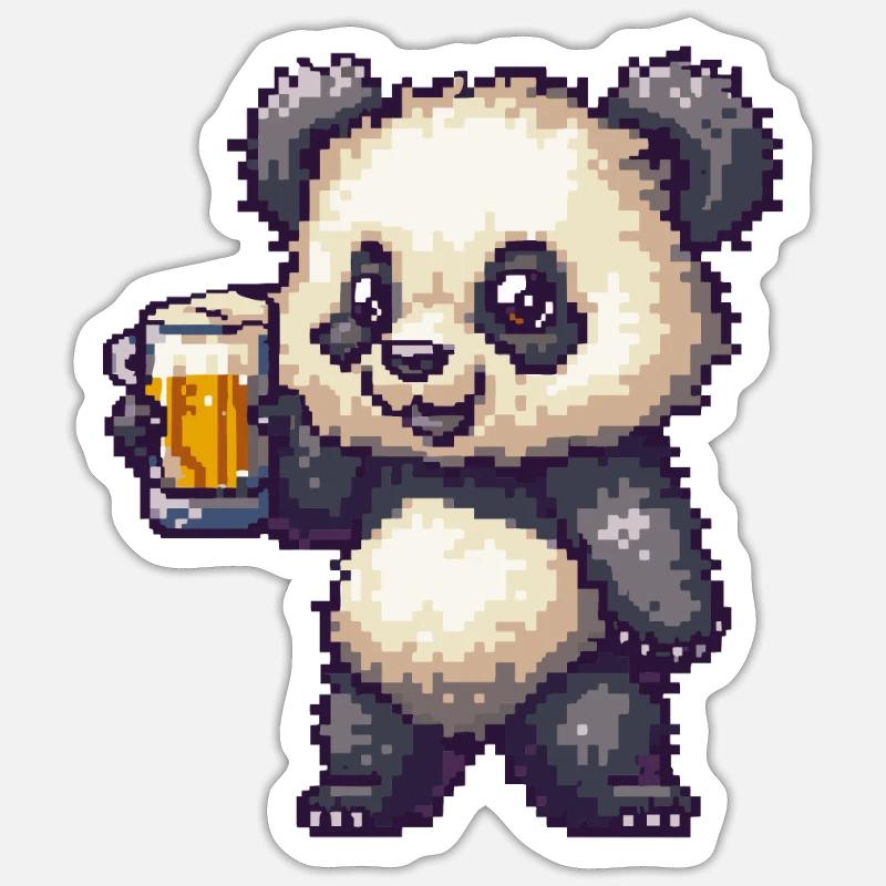 Panda bière pixel - Sticker taille S (10 x 10 cm) - blanc mat