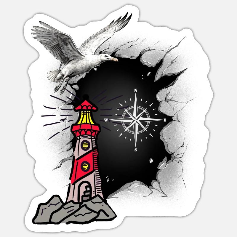 maritim Möwe Kompass Leuchtturm Möwen - Sticker Größe S (10 x 10 cm) - Mattweiß