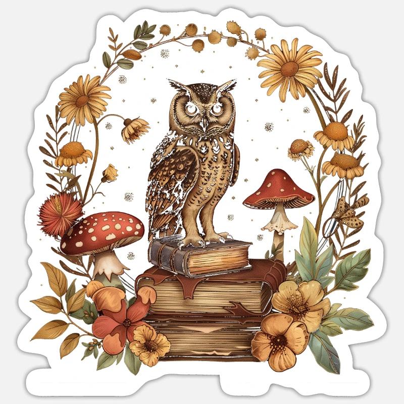 Cottagecore Ästhetische Eule Bücher Pilz Witchy Fl - Sticker Größe S (10 x 10 cm) - Mattweiß