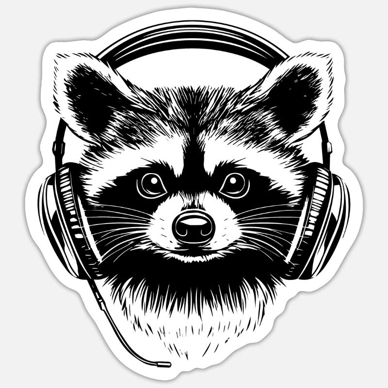 Schwarz-Weiß Zocker Waschbär mit Headset - Sticker Größe S (10 x 10 cm) - Mattweiß