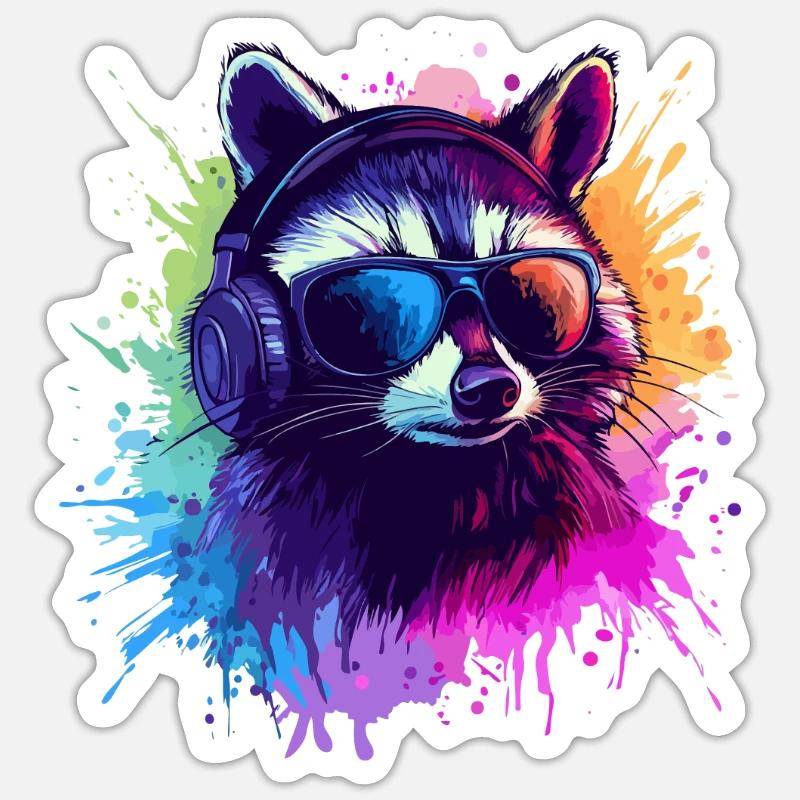 Zocker Waschbär mit Kopfhörern – Cooles Design - Sticker Größe S (10 x 10 cm) - Mattweiß
