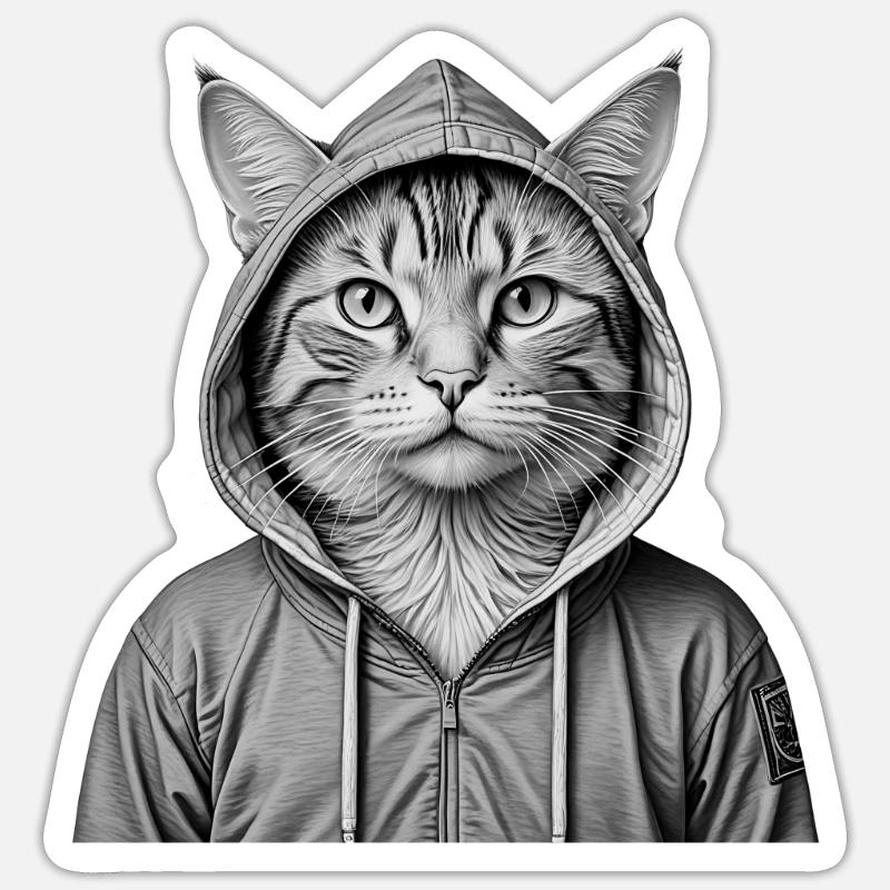 Coole Katze mit Kapuzenpullover - Sticker Größe S (10 x 10 cm) - Mattweiß