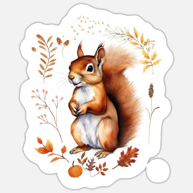 Herbstliches Eichhörnchen Design bunte Blätter - Sticker Größe S (10 x 10 cm) - Mattweiß